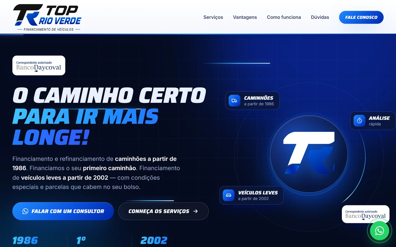 Tela inicial da landing page Top Rio Verde com chamada para financiamento de caminhões e veículos leves e botão de contato via WhatsApp.